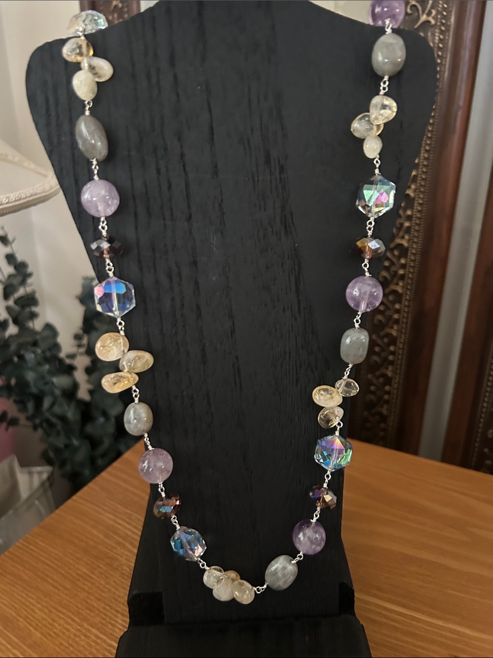 Multi gemstone and crystal Beaded Necklace - Purples, greens and yellow